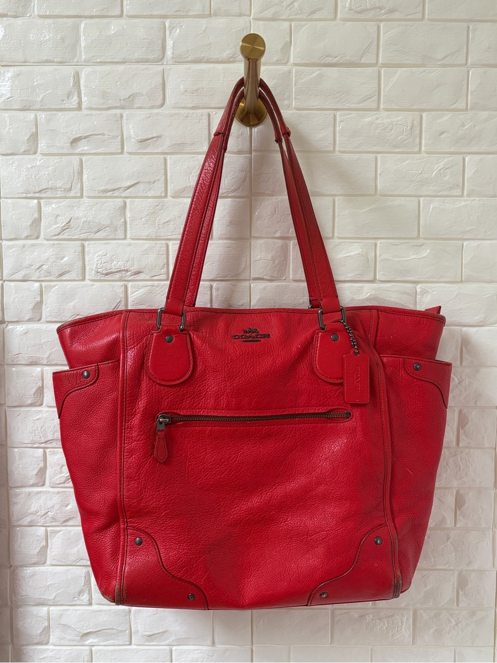 Coach Red Leather Tote with Front Zip Pocket
